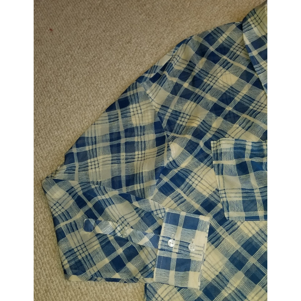 Womens Top-FREE PEOPLE-blue/ivory plaid gingham silky sheer high-low button-up-S - Picture 3 of 6